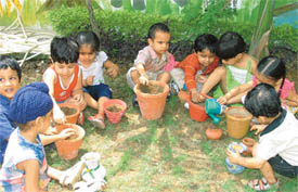 Children of Golden Time Pre-Nursery and Nursery School plant seeds on seed germination day on the school campus