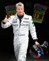 McLarens Formula One driver Kimi Raikkonen of Finland gives the thumb up after he clocked the fastest lap in the qualifying session at the Hockenheim race track on Saturday
