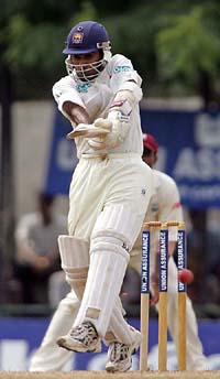 Sri Lankas Mahela Jayawardene plays a stroke on the second day of the second Test against the West Indies at the Asgiriya stadium in Kandy