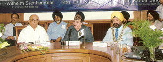 Former Governor of Punjab Lt-Gen B.K.N. Chhibber flanked by (left) former Chief Secretary, Punjab, Rajan Kashyap and (right) Rotary, SAS Nagar, president, B.S. Chandok, during the installation ceremony in Chandigarh on Saturday.
