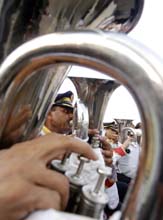 Delhi Police Brass Band jawans perform at India Gate in the Capital on Sunday