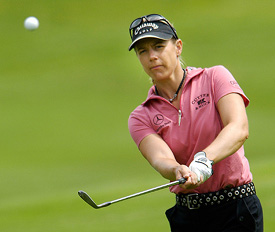 World number one Annika Sorenstam of Sweden chips onto the fourth green during the final round of the 12th Womens Golf Masters in Evian, France, on Saturday