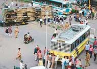 Chaotic scene at the Aroma traffic lights point, Sector 22, Chandigarh, where two buses collided on Tuesday