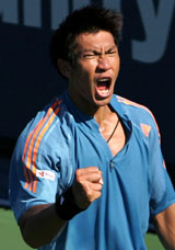 Paradorn Srichaphan of Thailand celebrates during his 7-6, 6-7, 6-2 win over Croatia's Mario Ancic in the first round of the Mercedes Benz Cup in Los Angeles on Monday.  Reuters  