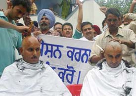 Employees of the Regional Passport Office get their heads shaved in protest against the non-fulfilment of their demands in Jalandhar on Wednesday.