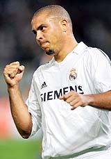 Real Madrids Ronaldo celebrates after scoring a goal during an exhibition soccer match against Jubilo Iwata 