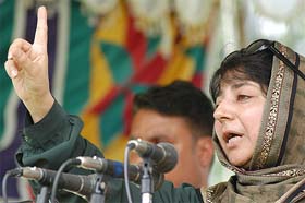 Ruling PDP President Mehbooba Mufti addresses a workers rally in Srinagar on the sixth founding day of the party