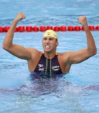 Australias Grant Hackett celebrates on setting a world record in the mens 800m freestyle at the World Aquatic Championships in Montreal