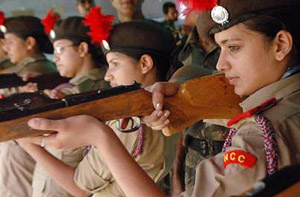 Cadets of the NCC practise shooting during a 12-day Thal Sainik Camp being organised at the PAP Headquarters in Jalandhar on Friday.