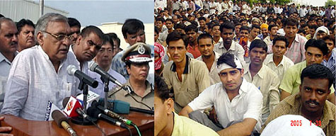 Chief Minister Bhupinder Singh Hooda addresses Honda workers before they resumed working in Gurgaon on Saturday.