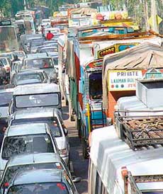 Traffic jams are frequent on the national highways in Punjab. This jam occurred near Dera Bassi in Patiala district.