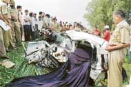 The mangled remains of the car which collided with the Ludhiana-Jakhal-Hisar train near Ludhiana on Saturday