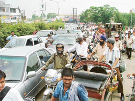Heavy traffic near the Shastri Nagar level crossing in Ludhiana on Monday