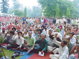 Members of the joint council of trade unions protest against the police lathicharge on Honda workers outside the Deputy Commissioners office in Ludhiana on Monday
