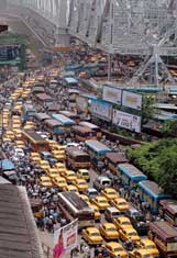 An aerial view of the traffic jam near Howrah Bridge due to the road blockage by the workers of Trinamul Congress 