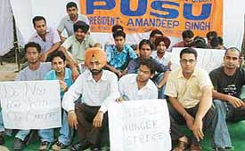 Students of the UIET Department and PUSU activists on an indefinite fast outside the VCs office, Panjab University, Chandigarh