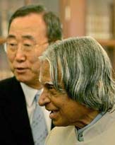 President Abdul Kalam speaks as South Koreas Foreign Minister Ban Ki-moon watches before their meeting in New Delhi on Tuesday.