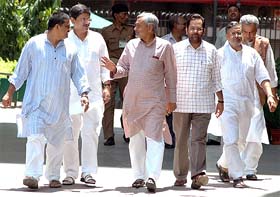 NDA leaders headed by Nitish Kumar come out of the Election Commission office in New Delhi