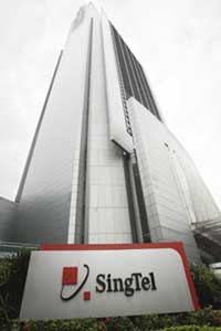 A view of Singapore Telecommunication (SingTel) building in Singapore on Thursday. Singapore Telecommunication said its first quarter to June net profit rose 13.7 per cent to Singapore $ 796 million ($ 482 million).