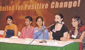 Natasha Jain, the youngest human rights activist of India and Indian ambassador for Youth for Human Rights International, and Claire Kevitt of the US, addressing a gathering on Youth United for Positive Change at Sri Satya Sai International Centre in the Capital.