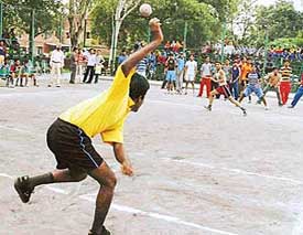 A player in action on the opening day of the First Senior National Dodgeball championship at Sector 7 sports complex in Chandigarh on Friday. 