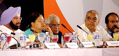 Capt Amarinder Singh, Mrs Vasundhra Raje Scindia, Mr Babu Lal Gaur, Mr Bhupinder Singh Hooda, Chief Ministers of Punjab, Rajasthan, Madhya Pradesh and Haryana, respectively, at the Chief Ministers State of the States Conference at Ashoka Hotel in New Delhi