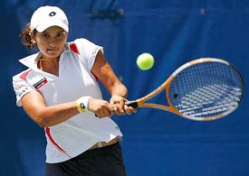 Sania Mirza hits a backhand to Japans Akiko Morigami during their third round match at the Acura Classic in Carlsbad, California, on Thursday