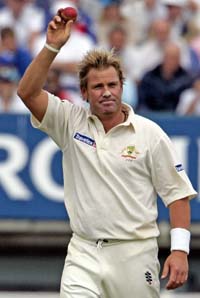 Australia's Shane Warne celebrates his five wickets on the third day of the second Test at Edgbaston
