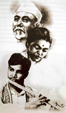 Baba Ustad Allauddin Khan, his daughter Annapurna Devi and Chaurasia