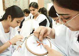 Students of Government Girls Senior Secondary School, Sector 23, Chandigarh, learn embroidery at a workshop in Government Museum and Art Gallery