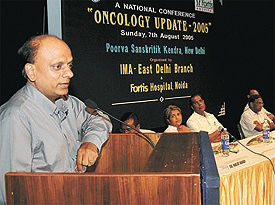 IMA Delhi President Dr K.K. Aggarwal addressing a National Conference Oncology Update-2005 at Poorva Sanskritik Kendra in the Capital on Sunday