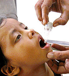 A child being administered pulse polio immunisation drops at a health centre in the Capital on Sunday