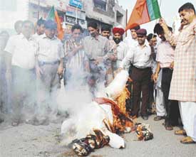 BJP activists burn an effigy of the Congress President, Ms Sonia Gandhi, to protest against government inaction over the recommendations of the Nanavati Commission that probed the 1984 anti-Sikh riots