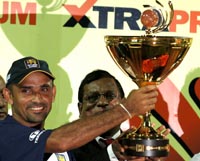 Sri Lankan captain Marvan Atapattu holds the Indian Oil Cup in Colombo on Tuesday