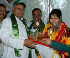 Party colleagues giving trophy to Ms Mehbooba Mufti after her election as president of the PDP in Srinagar on Thursday. 