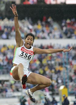 Indias Anju Bobby George competes in the final of the womens long jump at the World Athletics Championships in Helsinki