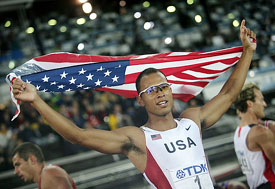 Bryan Clay of the USA celebrates after winning the mens decathlon at the World Athletics Championships in Helsinki 
