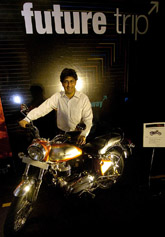 The Chief Operating Officer of the Eicher Group, Mr Siddhartha Lal, poses with the newly launched Royal Enfield variant Bullet Electra 5S in New Delhi on Friday