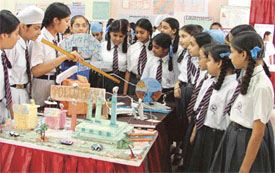 Students of GNI Public School explain a model made by them at an exhibition held in the schoo