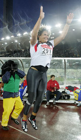 Germanys Franka Dietzsch celebrates on winning the womens discus throw final at the World Athletics Championships in Helsinki