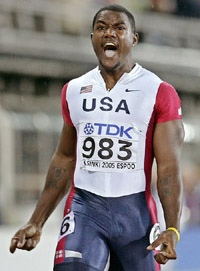 Justin Gatlin of the USA rejoices after winning the mens 200 metres final at the World Athletics Championships in Helsinki on Thursday