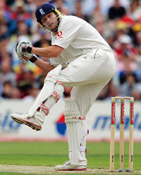 Englands Andrew Flintoff ducks a delivery during the second day of the third Test against Australia at Old Trafford in Manchester on Friday