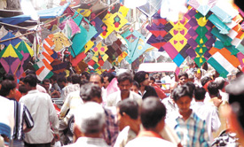A view of the Lal Kuan kite market as part of the festivities before Independence Day in the Capital on Saturday