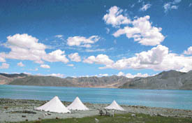 Tourist camps on the banks of the Pangong lake in Leh district. 