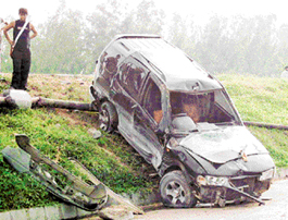 The damaged Tata Safari that rolled down and overbridge on the GT road in Rajpura on Sunday morning. 