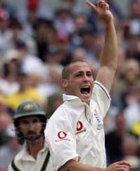 Englands Simon Jones  reacts on trapping Australias Jason Gillespie leg before wicket during the fourth day of the third Ashes Test at Old Trafford in Manchester
