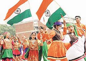 Students of Kailash Bahl DAV School present a cultural programme on Independence Day at Parade Ground, Sector 17, Chandigarh