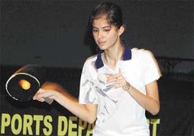 Nadia Saini of New Public School returns the shot in the final of R.S. Mehta Memorial Table Tennis Tournament at TT Hall, Sector 23, Chandigarh