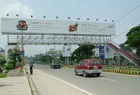 Two huge hoardings that have been put up on the footbridge at the BMC chowk in Jalandhar.