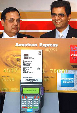 Mr S.P. Chaudhry, Executive Director, Marketing, HPCL, and Mr K.L. Muralidhara, Country Manager, American Express launch a co-branded credit card in New Delhi on Tuesday